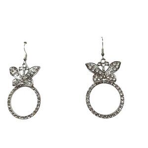 Silver Tone Butterfly Rhinestone Hoop Earrings Y2K Fairycore
